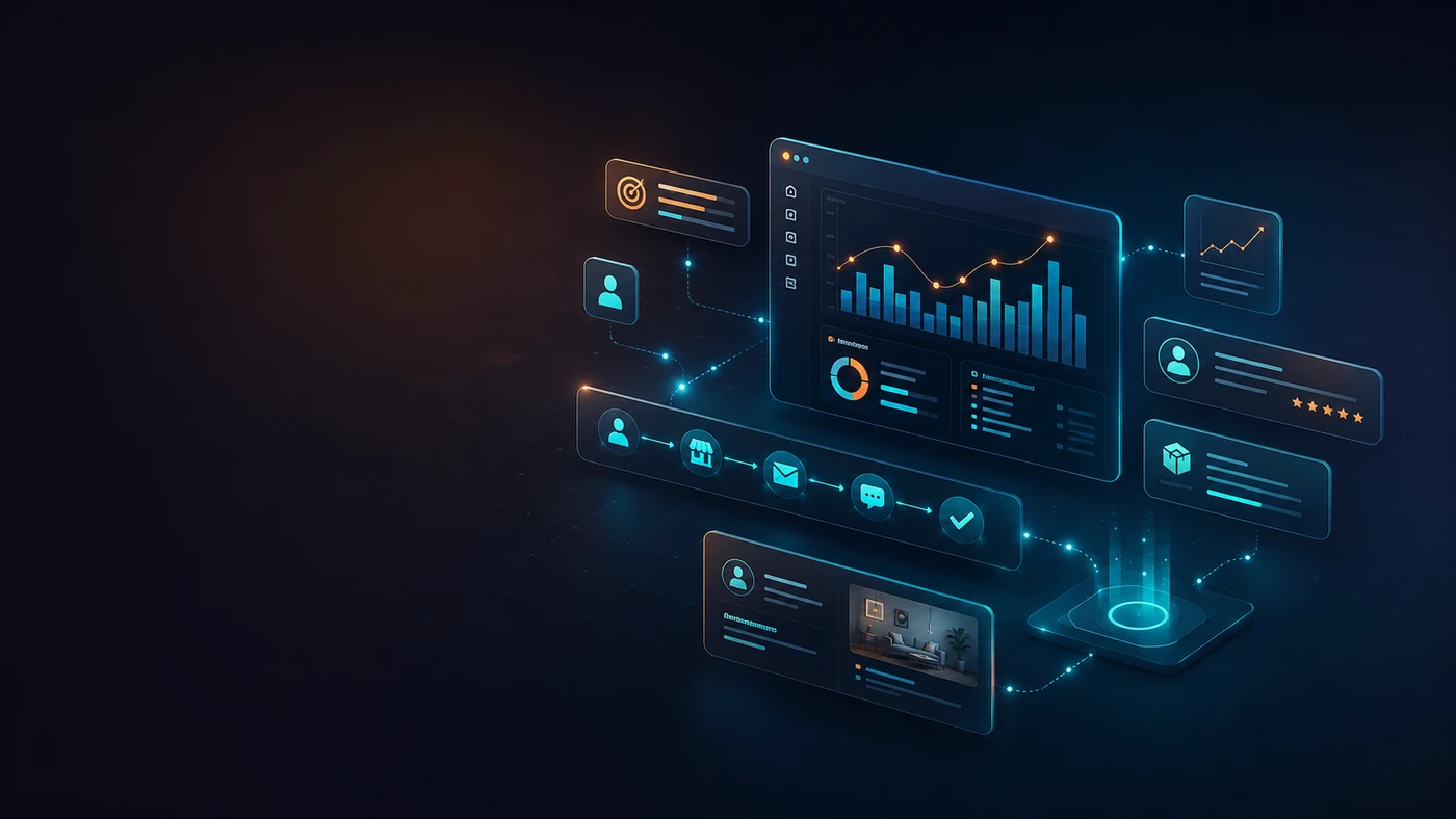 A connected customer path linking website activity, trust signals, contact, and follow-up insights.