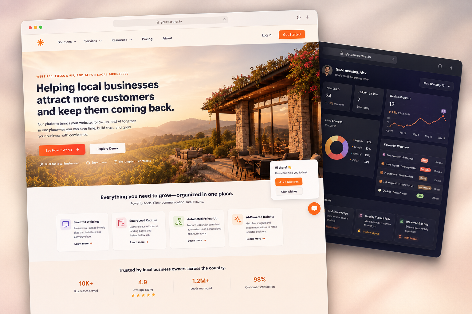Example of a modern local-business homepage with a chatbot, shown in front of a connected business dashboard.
